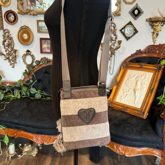 Vintage Y2K Juicy Couture Terry Cloth Crossbody Bag Gray Striped with Pom Pom - Picture 5 of 5